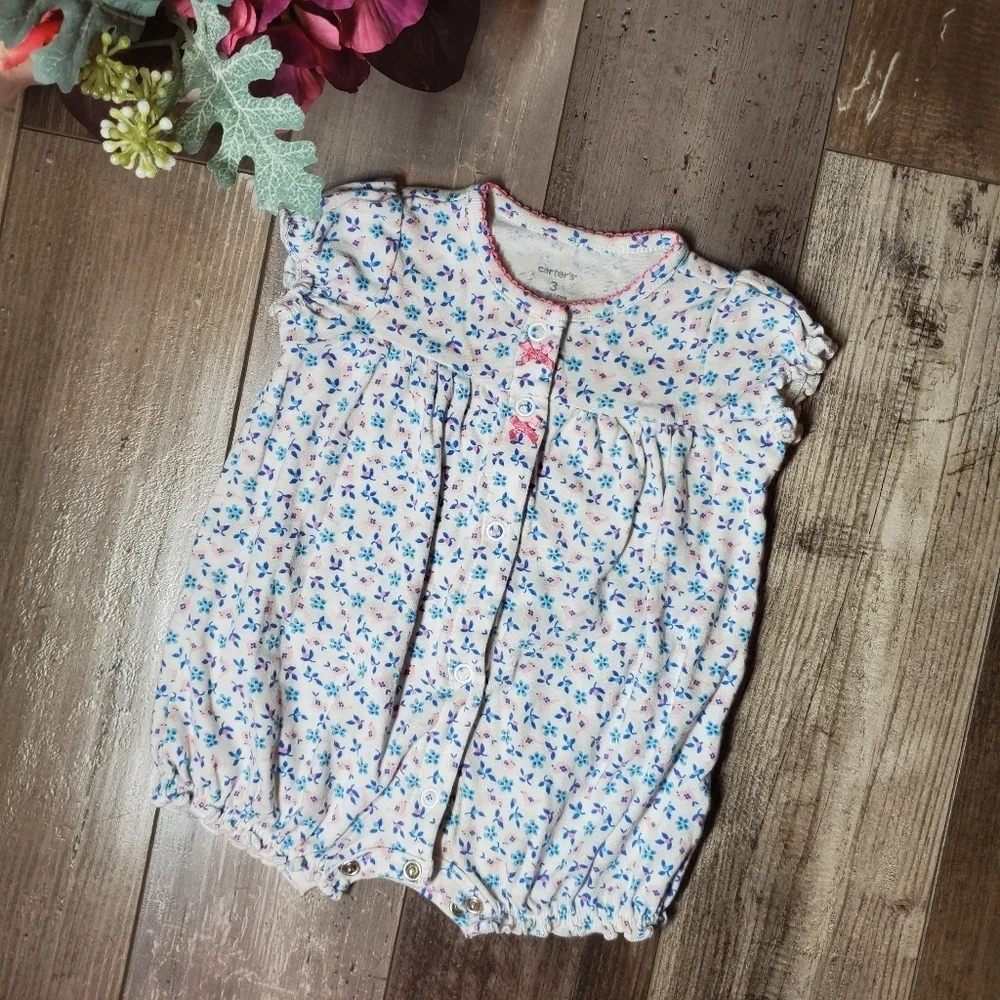 Carter's Baby Girl Size 3m Floral Bubble Romper 100% Cotton White Pink Blue EUC